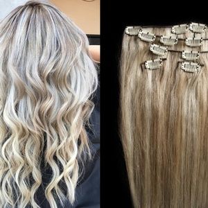 22" 100% Clip in Human Hair Extensions 7Pcs,14 clips # 18/613